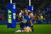 28 October 2023; Rob Russell of Leinster celebrates after scoring his side's third try during the United Rugby Championship match between Leinster and Hollywoodbets Sharks at the RDS Arena in Dublin. Photo by Harry Murphy/Sportsfile
