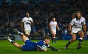 28 October 2023; Rob Russell of Leinster dives over to score his side's second try during the United Rugby Championship match between Leinster and Hollywoodbets Sharks at the RDS Arena in Dublin. Photo by Harry Murphy/Sportsfile