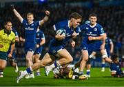28 October 2023; Rob Russell of Leinster on his way to scoring his side's third try  during the United Rugby Championship match between Leinster and Hollywoodbets Sharks at the RDS Arena in Dublin. Photo by Harry Murphy/Sportsfile