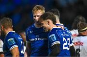28 October 2023; Rob Russell of Leinster, right, celebrates with teammate Jamie Osborne after scoring his side's third try during the United Rugby Championship match between Leinster and Hollywoodbets Sharks at the RDS Arena in Dublin. Photo by Harry Murphy/Sportsfile