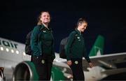 28 October 2023; Amber Barrett and Caitlin Hayes, right, of Republic of Ireland at Tirana International Airport following their charted flight from Dublin for their UEFA Women's Nations League match against Albania, on Tuesday. Photo by Stephen McCarthy/Sportsfile