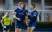 28 October 2023; Tommy O'Brien of Leinster, left, celebrates with teammates Ben Murphy, centre, and Sam Prendergast, after scoring their side's fourth try during the United Rugby Championship match between Leinster and Hollywoodbets Sharks at the RDS Arena in Dublin. Photo by Sam Barnes/Sportsfile