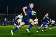 28 October 2023; Tommy O'Brien of Leinster on his way to scoring his side's fourth try during the United Rugby Championship match between Leinster and Hollywoodbets Sharks at the RDS Arena in Dublin. Photo by Harry Murphy/Sportsfile