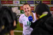 27 October 2023; Kyra Carusa of Republic of Ireland is interviewed by RTÉ's Tony O'Donoghue after the UEFA Women's Nations League B match between Republic of Ireland and Albania at Tallaght Stadium in Dublin. Photo by Stephen McCarthy/Sportsfile