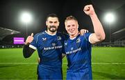 28 October 2023; Max Deegan and Paddy McCarthy of Leinster after their side's victory in the United Rugby Championship match between Leinster and Hollywoodbets Sharks at the RDS Arena in Dublin. Photo by Harry Murphy/Sportsfile