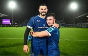 28 October 2023; Max Deegan and Will Connors of Leinster after their side's victory in the United Rugby Championship match between Leinster and Hollywoodbets Sharks at the RDS Arena in Dublin. Photo by Harry Murphy/Sportsfile