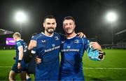 28 October 2023; Max Deegan and Will Connors of Leinster after their side's victory in the United Rugby Championship match between Leinster and Hollywoodbets Sharks at the RDS Arena in Dublin. Photo by Harry Murphy/Sportsfile