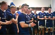 28 October 2023; Dylan Donnellan of Leinster sings in the dressing room after making his debut in the United Rugby Championship match between Leinster and Hollywoodbets Sharks at the RDS Arena in Dublin. Photo by Harry Murphy/Sportsfile