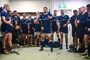 28 October 2023; Max Deegan of Leinster sings in the dressing room after making his 100th Leinster appearance in the United Rugby Championship match between Leinster and Hollywoodbets Sharks at the RDS Arena in Dublin. Photo by Harry Murphy/Sportsfile