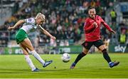 27 October 2023; Denise O'Sullivan of Republic of Ireland in action against Sara Maliqi of Albania during the UEFA Women's Nations League B match between Republic of Ireland and Albania at Tallaght Stadium in Dublin. Photo by Stephen McCarthy/Sportsfile