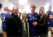 28 October 2023; Dylan Donnellan of Leinster with, from left, father Paul, partner Gemma Morris and mother Deidre D'Arcy after making his Leinster debut in the United Rugby Championship match between Leinster and Hollywoodbets Sharks at the RDS Arena in Dublin. Photo by Harry Murphy/Sportsfile