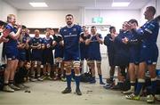 28 October 2023; Max Deegan of Leinster sings in the dressing room after making his 100th appearance in the United Rugby Championship match between Leinster and Hollywoodbets Sharks at the RDS Arena in Dublin. Photo by Harry Murphy/Sportsfile
