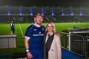 28 October 2023; Dylan Donnellan of Leinster with his partner Gemma Morris after making his Leinster debut in the United Rugby Championship match between Leinster and Hollywoodbets Sharks at the RDS Arena in Dublin. Photo by Harry Murphy/Sportsfile