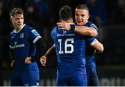 28 October 2023; Dylan Donnellan and Scott Penny of Leinster after their side's victory in the United Rugby Championship match between Leinster and Hollywoodbets Sharks at the RDS Arena in Dublin. Photo by Harry Murphy/Sportsfile