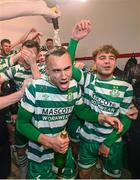 27 October 2023; Graham Burke and Naj Razi, right, of Shamrock Rovers celebrates winning the SSE Airtricity Men's Premier Division title following the SSE Airtricity Men's Premier Division match between St Patrick's Athletic and Shamrock Rovers at Richmond Park in Dublin. Photo by Stephen McCarthy/Sportsfile