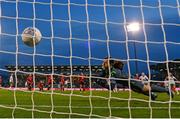 27 October 2023; Katie McCabe of Republic of Ireland scores her side's second goal past Albania goalkeeper Viona Rexhepi during the UEFA Women's Nations League B match between Republic of Ireland and Albania at Tallaght Stadium in Dublin. Photo by Stephen McCarthy/Sportsfile