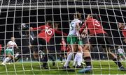 27 October 2023; Albania goalkeeper Viona Rexhepi saves a header from Louise Quinn of Republic of Ireland, not pictured, during the UEFA Women's Nations League B match between Republic of Ireland and Albania at Tallaght Stadium in Dublin. Photo by Stephen McCarthy/Sportsfile