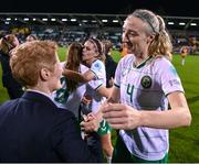 27 October 2023; Republic of Ireland's Louise Quinn and interim head coach Eileen Gleeson after the UEFA Women's Nations League B match between Republic of Ireland and Albania at Tallaght Stadium in Dublin. Photo by Stephen McCarthy/Sportsfile