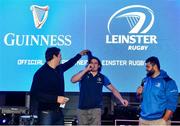 28 October 2023; Former Leinster player Mike McCarthy, left, with Leinster players Alex Soroka and Michael Milne during a Q and A in the fanzone before the United Rugby Championship match between Leinster and Hollywoodbets Sharks at the RDS Arena in Dublin. Photo by Sam Barnes/Sportsfile