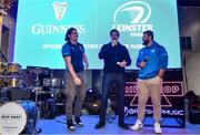 28 October 2023; Former Leinster player Mike McCarthy, centre, with Leinster players Alex Soroka, left, and Michael Milne during a Q and A in the fanzone before the United Rugby Championship match between Leinster and Hollywoodbets Sharks at the RDS Arena in Dublin. Photo by Sam Barnes/Sportsfile