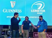 28 October 2023; Former Leinster player Mike McCarthy, left, with Leinster players Alex Soroka and Michael Milne during a Q and A in the fanzone before the United Rugby Championship match between Leinster and Hollywoodbets Sharks at the RDS Arena in Dublin. Photo by Sam Barnes/Sportsfile
