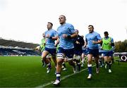 28 October 2023; Leinster captain Scott Penny leads his team in the warmup before the United Rugby Championship match between Leinster and Hollywoodbets Sharks at the RDS Arena in Dublin. Photo by Harry Murphy/Sportsfile