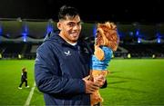 28 October 2023; Michael Ala'alatoa of Leinster with his son Miles, dressed as a lion, after his side's victory in the United Rugby Championship match between Leinster and Hollywoodbets Sharks at the RDS Arena in Dublin. Photo by Harry Murphy/Sportsfile