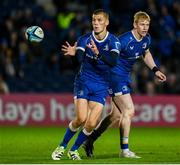 28 October 2023; Sam Prendergast of Leinster, left, and teammate Jamie Osborne during the United Rugby Championship match between Leinster and Hollywoodbets Sharks at the RDS Arena in Dublin. Photo by Harry Murphy/Sportsfile