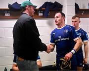 28 October 2023; Dylan Donnellan of Leinster is congratulated by teammate Ryan Baird after receiving his first Leinster cap in the United Rugby Championship match between Leinster and Hollywoodbets Sharks at the RDS Arena in Dublin. Photo by Harry Murphy/Sportsfile
