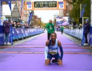 29 October 2023; Kemal Husen celebrates after winning the men's event in the 2023 Irish Life Dublin Marathon. Thousands of runners took to the Fitzwilliam Square start line, to participate in the 42nd running of the Dublin Marathon. Photo by Sam Barnes/Sportsfile