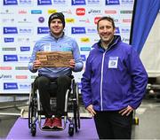 29 October 2023; Patrick Monahan from Kildare, pictured with Irish Life CEO Declan Bolger, became the 2023 Irish Life Dublin Marathon champion of the men’s wheelchair race. Thousands of runners took to the Fitzwilliam Square start line, to participate in the 42nd running of the Dublin Marathon. Photo by Sam Barnes/Sportsfile