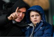 29 October 2023; Former Republic of Ireland player Robbie Keane and his son Hudson during the EA SPORTS U14 LOI Eddie Wallace Cup match between Shamrock Rovers and St Patrick Athletic at Athlone Town Stadium in Westmeath. Photo by Eóin Noonan/Sportsfile