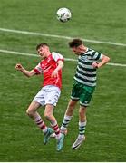 29 October 2023; Danny Burke of Shamrock Rovers in action against Joseph Byrne of St Patrick Athletic during the EA SPORTS U14 LOI Eddie Wallace Cup match between Shamrock Rovers and St Patrick Athletic at Athlone Town Stadium in Westmeath. Photo by Eóin Noonan/Sportsfile