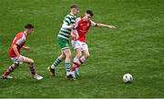 29 October 2023; Alex Snow of Shamrock Rovers in action against Kian Quigley of St Patricks Athletic during the EA SPORTS U14 LOI Eddie Wallace Cup match between Shamrock Rovers and St Patrick Athletic at Athlone Town Stadium in Westmeath. Photo by Eóin Noonan/Sportsfile