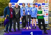 29 October 2023; Pictured, from left, at the Women's National Championship podium, Irish Sports Council Chief Executive and Olympian John Treacy, Athletics Ireland President John Cronin, second place Gladys Ganiel, first place Ann-Marie Mc Glynn, and third place Sorcha Loughnane from Dublin, and Race Director Jim Aughney after the 2023 Irish Life Dublin Marathon. Thousands of runners took to the Fitzwilliam Square start line, to participate in the 42nd running of the Dublin Marathon. Photo by Sam Barnes/Sportsfile