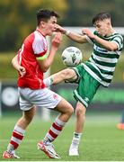 29 October 2023; Richard Ferizaj of Shamrock Rovers in action against Niall O'Sullivan of St Patricks Athletic during the EA SPORTS U14 LOI Eddie Wallace Cup match between Shamrock Rovers and St Patrick Athletic at Athlone Town Stadium in Westmeath. Photo by Eóin Noonan/Sportsfile