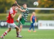 29 October 2023; Richard Ferizaj of Shamrock Rovers in action against Niall O'Sullivan of St Patricks Athletic during the EA SPORTS U14 LOI Eddie Wallace Cup match between Shamrock Rovers and St Patrick Athletic at Athlone Town Stadium in Westmeath. Photo by Eóin Noonan/Sportsfile