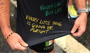 29 October 2023; Detailed view of a participant's t-shirt after the 2023 Irish Life Dublin Marathon. Thousands of runners took to the Fitzwilliam Square start line, to participate in the 42nd running of the Dublin Marathon. Photo by Sam Barnes/Sportsfile