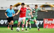 29 October 2023; Niall Sullivan of St Patricks Athletic in action against Preston Gaynor of shamrock Rovers during the EA SPORTS U14 LOI Eddie Wallace Cup match between Shamrock Rovers and St Patrick Athletic at Athlone Town Stadium in Westmeath. Photo by Eóin Noonan/Sportsfile