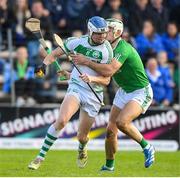 29 October 2023; TJ Reid of Shamrocks Ballyhale in action against Paddy Deegan of O'Loughlin Gaels during the Kilkenny County Senior Club Hurling Championship final match between Shamrocks Ballyhale and O'Loughlin Gaels at UPMC Nowlan Park in Kilkenny. Photo by Matt Browne/Sportsfile