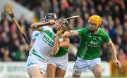 29 October 2023; Darragh Corcoran of Shamrocks Ballyhale in action against Conor Heary and Paddy Butler of O'Loughlin Gaels during the Kilkenny County Senior Club Hurling Championship final match between Shamrocks Ballyhale and O'Loughlin Gaels at UPMC Nowlan Park in Kilkenny. Photo by Matt Browne/Sportsfile