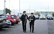 29 October 2023; Tom Kelly, left, and Tommy O'Malley of the Castlebar Concert Band make their way ground before the Mayo County Senior Club Football Championship final match between Ballina Stephenites and Breaffy at Hastings Insurance MacHale Park in Castlebar, Mayo. Photo by Piaras Ó Mídheach/Sportsfile