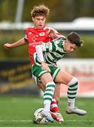 29 October 2023; Leon McLaren of Shamrock Rovers in action against Billy Canny of St Patricks Athletic during the EA SPORTS U15 LOI Michael Hayes Cup match between St Patrick Athletic and Shamrock Rovers at Athlone Town Stadium in Westmeath. Photo by Eóin Noonan/Sportsfile