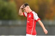 29 October 2023; Billy Hayes of St Patricks Athletic reacts during the EA SPORTS U15 LOI Michael Hayes Cup match between St Patrick Athletic and Shamrock Rovers at Athlone Town Stadium in Westmeath. Photo by Eóin Noonan/Sportsfile