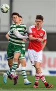 29 October 2023; Sean McDonald of Shamrock Rovers in action against Samuel Rooney of St Patricks Athletic during the EA SPORTS U15 LOI Michael Hayes Cup match between St Patrick Athletic and Shamrock Rovers at Athlone Town Stadium in Westmeath. Photo by Eóin Noonan/Sportsfile