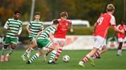 29 October 2023; Billy Canny of St Patricks Athletic in action against Bailey Shelley of Shamrock Rovers during the EA SPORTS U15 LOI Michael Hayes Cup match between St Patrick Athletic and Shamrock Rovers at Athlone Town Stadium in Westmeath. Photo by Eóin Noonan/Sportsfile