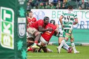 29 October 2023; Edwin Edogbo and Alex Kendellen of Munster during the United Rugby Championship match between Benetton and Munster at Stadio Monigo in Treviso, Italy. Photo by Massimiliano Carnabuci/Sportsfile