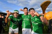 29 October 2023; O'Loughlin Gaels players from left Paddy Deegan, Paddy Butler and Jordan Molloy celebrate after the Kilkenny County Senior Club Hurling Championship final match between Shamrocks Ballyhale and O'Loughlin Gaels at UPMC Nowlan Park in Kilkenny. Photo by Matt Browne/Sportsfile