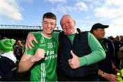 29 October 2023; Former Ireland and Munster player Mick Galwey celebrates with his son Ruaidhri Galwey of O'Loughlin Gaels after the Kilkenny County Senior Club Hurling Championship final match between Shamrocks Ballyhale and O'Loughlin Gaels at UPMC Nowlan Park in Kilkenny. Photo by Matt Browne/Sportsfile