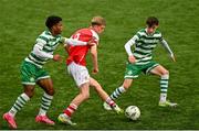 29 October 2023; Michael Noonan of St Patricks Athletic in action against Goodness Ogbonna of Shamrock Rovers during the EA SPORTS U15 LOI Michael Hayes Cup match between St Patrick Athletic and Shamrock Rovers at Athlone Town Stadium in Westmeath. Photo by Eóin Noonan/Sportsfile